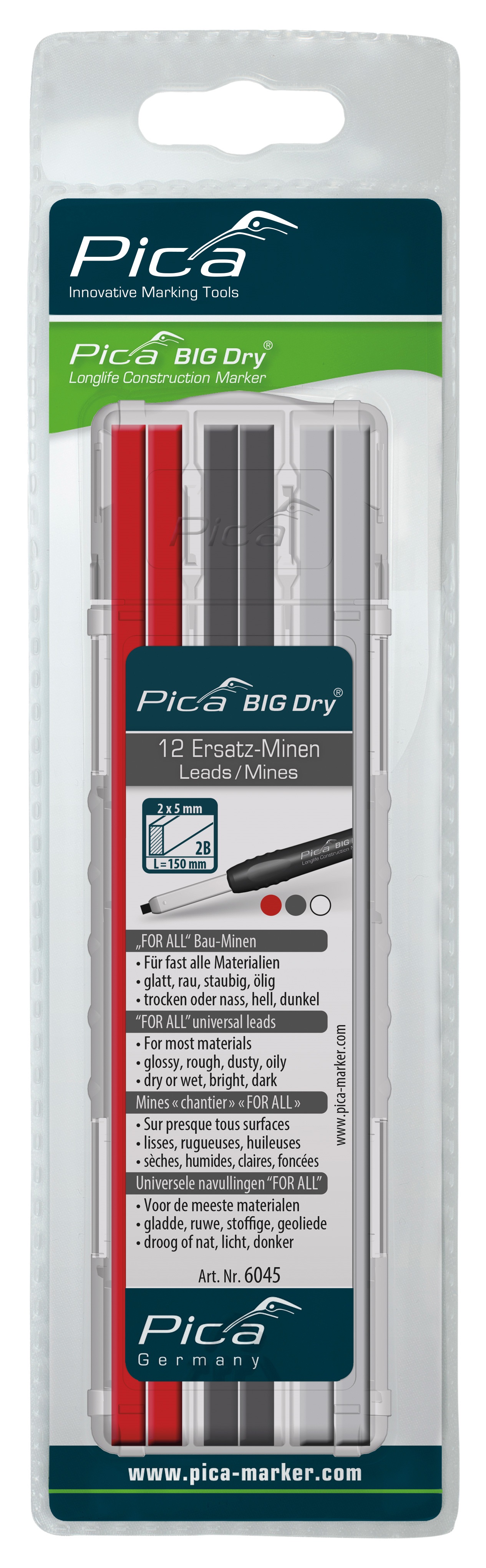 Pica BIG Dry Ersatz-Minen - 6045 - 4 Graphite, 4 Weiß, 4 Rot